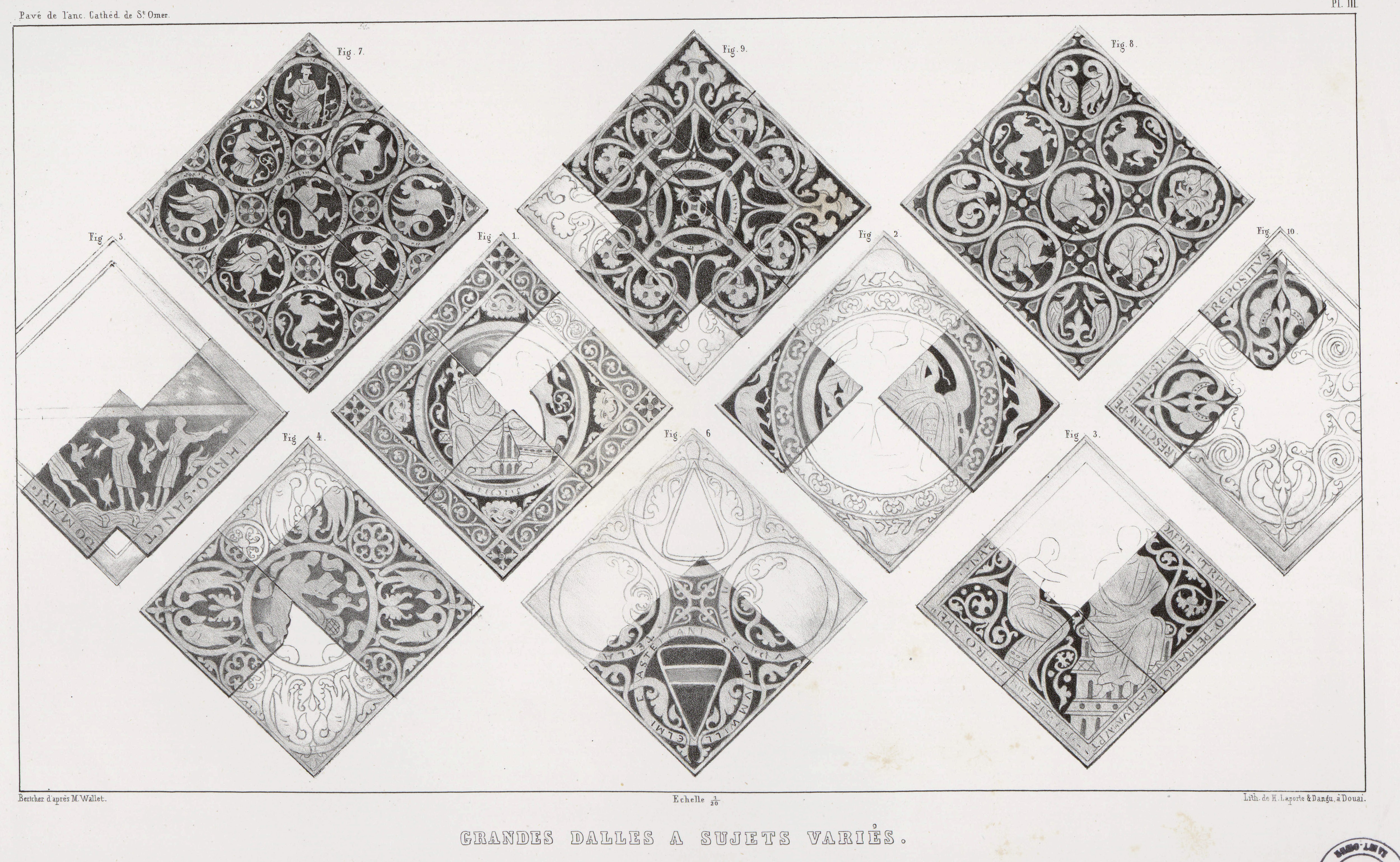 Planche III : Grandes dalles à sujets variés, Bertcher d’après M. Wallet, lithographie de H. Laporte et Dangu (CPE 653-79 bis/3)